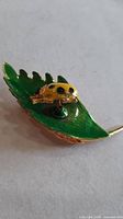 Full view of brooch showing leaf and ladybug