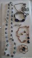 Group shot of entire jewellery lot showing necklace, bracelet, earrings, brooch