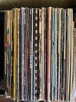 Two tight rows of LP record spines showing variety of titles and wear
