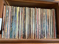 Full shelf view of upright vinyl LP records showing spines