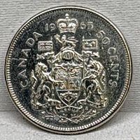 reverse side showing Canadian coat of arms, year 1965 and 50 CENTS legend