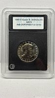 Obverse view of graded 1980-S Susan B. Anthony dollar in INB slab