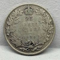 Reverse of 1936 Canadian 25-cent coin showing denomination, crown, maple wreath