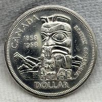 Reverse showing totem pole design, date 1858-1958, legend CANADA BRITISH COLUMBIA DOLLAR