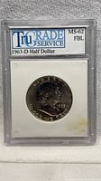 Front view of TruGrade Service slab displaying 1963-D Franklin Half Dollar and grade MS-62 FBL