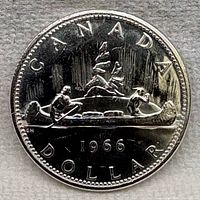 Reverse of 1966 Canadian silver dollar showing Voyageur canoe design, date, denomination