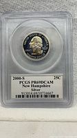 Obverse view of encapsulated 2000-S New Hampshire silver proof quarter showing grade PCGS PR69DCAM label