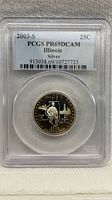 Front view of PCGS-slabbed 2003-S Illinois Silver State Quarter showing label and coin