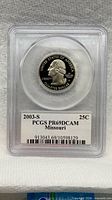 Obverse of 2003-S Missouri proof quarter in PCGS slab showing grade label
