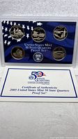 Front of sealed proof set showing reverse designs of five state quarters