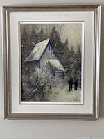 Full view of framed painting showing artwork, matting and frame