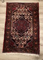 Full view of entire rug showing pattern, colours and one-end fringe