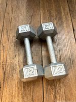 Pair of 12 lb hex dumbbells on wood floor