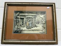 Full frontal view of framed Anton Pieck winter village reproduction print with mat and frame