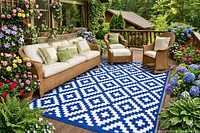 Rug staged on wooden deck with patio furniture displaying full size and pattern