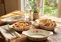 Four bakers on table, one in use showing size and floral pattern
