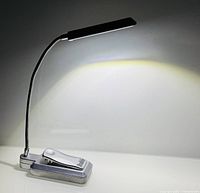 Lamp illuminated, showing gooseneck and clip base