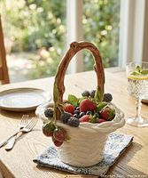 Basket on table, showing overall design and fruit details
