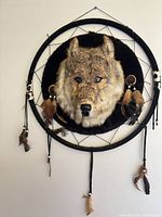 Full view of dreamcatcher showing wolf head and hanging feathers