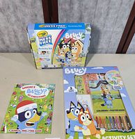 Front view showing Crayola Mess-Free Activity Kit, Bluey Activity Set, Where’s Bluey? book