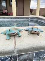 Two turquoise ceramic flat frogs on pool coping