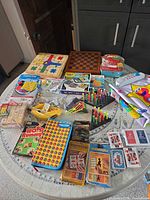 Overview of all games, blocks, cards and pieces on table