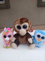 Three Ty Beanie Boo plush Coconut monkey, unicorn, Ice Cube owl