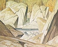 Close view of lithograph image area showing rock formations and river