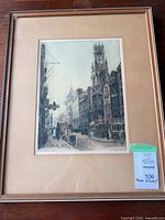 Full view of framed etching with mat and frame