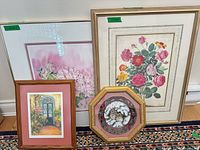 Group shot showing three framed prints and octagonal framed plate