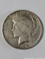 Obverse of 1922 Peace dollar showing Liberty head and date