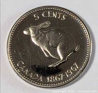 Reverse of 1967 Canadian 5-cent coin showing rabbit and dates
