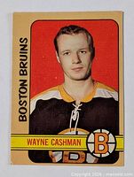 Front view of Wayne Cashman O-Pee-Chee card showing portrait, team name, player name, Bruins logo