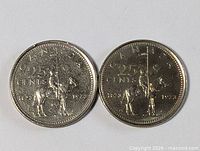 Two 1973 Canadian Mountie 25-cent coins front view