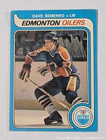 Front of 1979-80 OPC Dave Semenko rookie card showing player image and team banner
