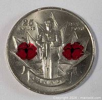 Reverse view showing soldier, maple leaf and two red poppies, 25 cents, 2010 date