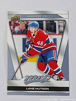 Front of Lane Hutson Upper Deck MVP card showing player image and MVP logo