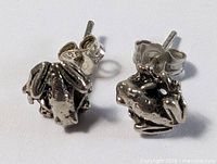 front and side view of both frog earrings