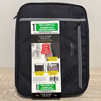 Front view of Five Star laptop sleeve with retail tag showing brand, size compatibility, and Tech Carry-All line