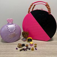 Overall view with both carry cases, doll and accessories