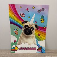 Full view of poster front showing pug, unicorn horn, graphics
