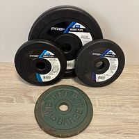 All four weight plates grouped on tabletop