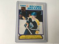 Front of 1980 Topps Wayne Gretzky Record Breaker card in holder