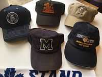 overhead view of all five caps showing logos