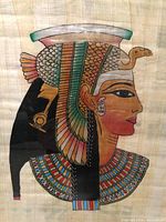 close view of Cleopatra portrait on papyrus showing detail and colours
