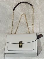 Front view showing off-white flap, gold-tone turnlock, chain strap with leather pad