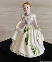 Front view of Royal Doulton May figurine showing dress, floral decoration, facial detail