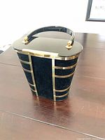 front three-quarter view of handbag showing velvet panels, gold cage, Lucite lid and handle