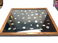 Full view of wood display case with pins inside