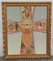Full view of framed print showing cross scene and gold frame